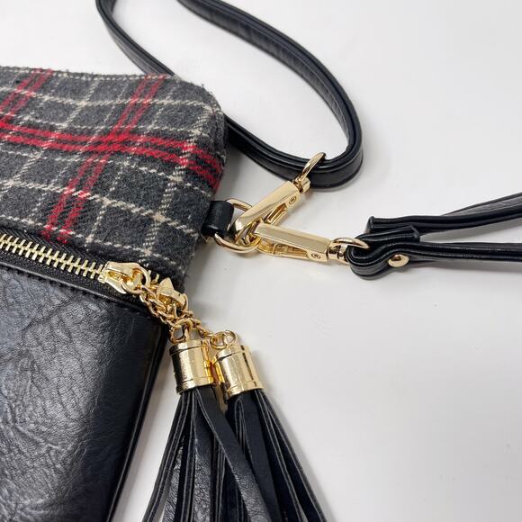 Jen & Co Black Gray Red Izzy Plaid Crossbody Bag Vegan Leather Zip Top Pockets - Picture 3 of 10